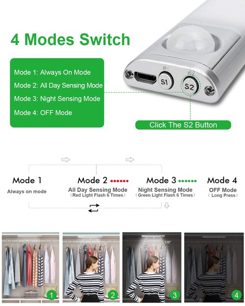 goodland Under Cabinet Lighting 80 LED Closet Light, Motion Sensor Lights Indoor USB Rechargeable Dimmable Stick-on Night Light Bar for Kitchen, Wardrobe, Garage, Stairs, Bedroom (3 Packs)