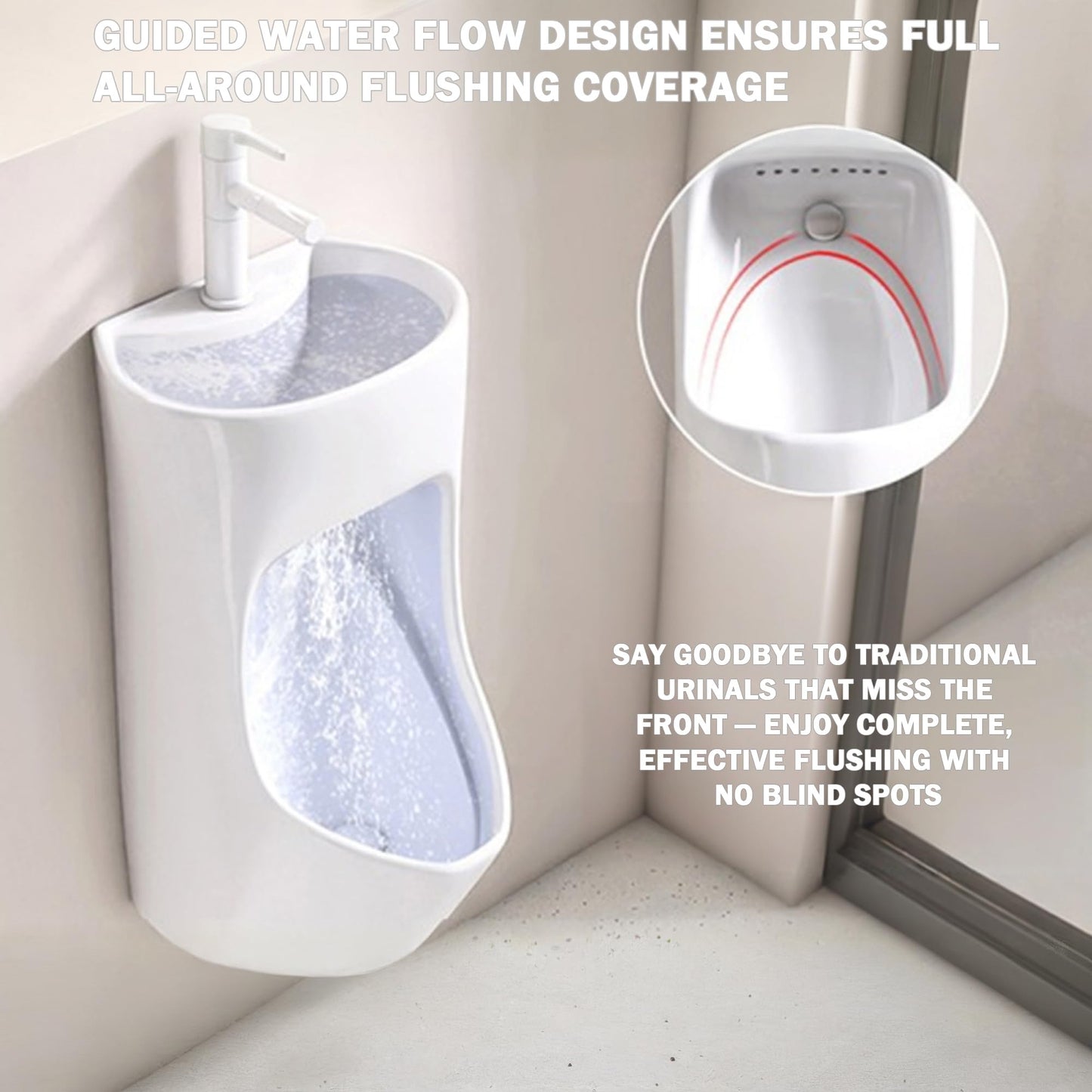 Runspich Modern Wall-Mounted Ceramic Urinal for Men with Built-in Sink, 2-in-1 Space Saving Design for Small Bathrooms & Restrooms, (White, Turn on the Tap to Flush)