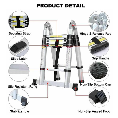 8.2ft+8.2ft Aluminum Telescoping Extension Ladder 330lbs Max Load Portable Multi-Purpose Extension A-Frame Ladder for Indoors Outdoors with Stabilisator Bar, Closed Height 34in, EN 313, Silver