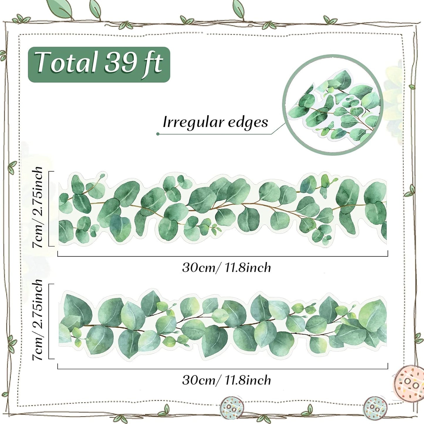 Eucalyptus Die-Cut Border Trim Bulletin Board Classroom Bulletin Wall Decor Greenery Trim Border Tropical Leaves Greenery Wall Decoration Green (39ft)