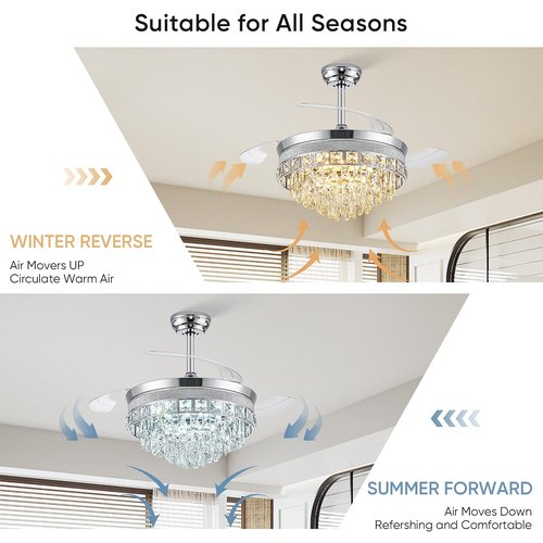 42” Fandelier Ceiling Fan with Light, Chandelier Ceiling Fans with Lights, Crystal Ceiling Fans for Bedroom Living Room, LED Dimmable, 6 Wind Speed,3 Color Temperatures-Chrome
