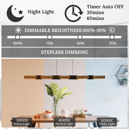 CaraLuxe 52in LED Linear Pendant Light Dimmable Black Kitchen Island Light Walnut Wood Hanging Pendant Light with Remote Control Modern Linear Chandelier for Dining Room Home Office Study Room