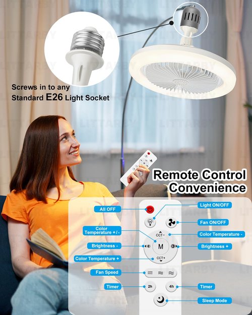 Socket Fan Light with Remote Control, 3 Colors 3000K-6500K Dimmable LED Light Bulb Fan Screw in Ceiling Fan for Bedroom, Kitchen, Storage Room, Closet, Wireless Small Ceiling Fans with Lights - White