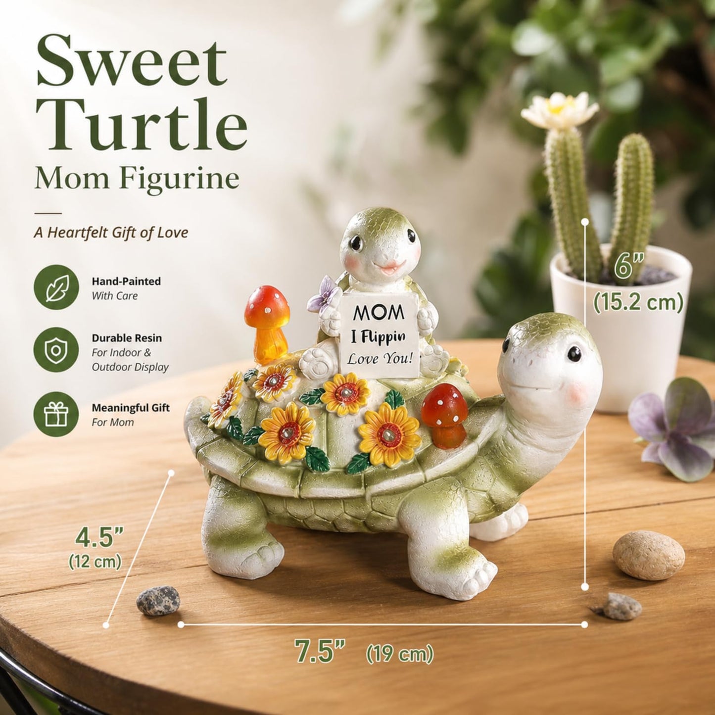 Season 2 Season Solar Turtle Garden Statue 7.5 inches, I Flippin Love You Tortoise Figurine with 7 LED Lights, Outdoor Lawn Decor for Patio, Yard, Balcony, Birthday for Mom, Grandma, Women