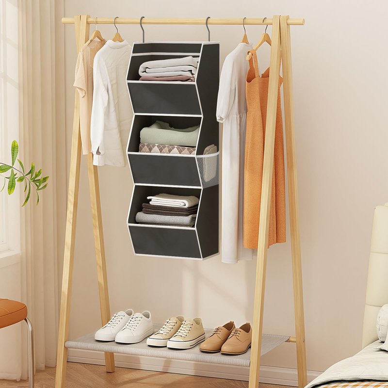 Hanging Closet Organizer 3 Shelf Collapsible Bedroom Closet Organizers and Storage Hanging with Mesh Pocket for Clothes, Closet Hanging Organizers and Storage for Fabric Wardrobe Space Saver, Black