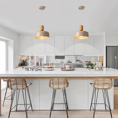 TeHenoo Contemporary Pendant Lights with Wood Cap, Brass Accent, 12 inch Light Brown Metal Shade,for Kitchen, Dining Room, Cafe