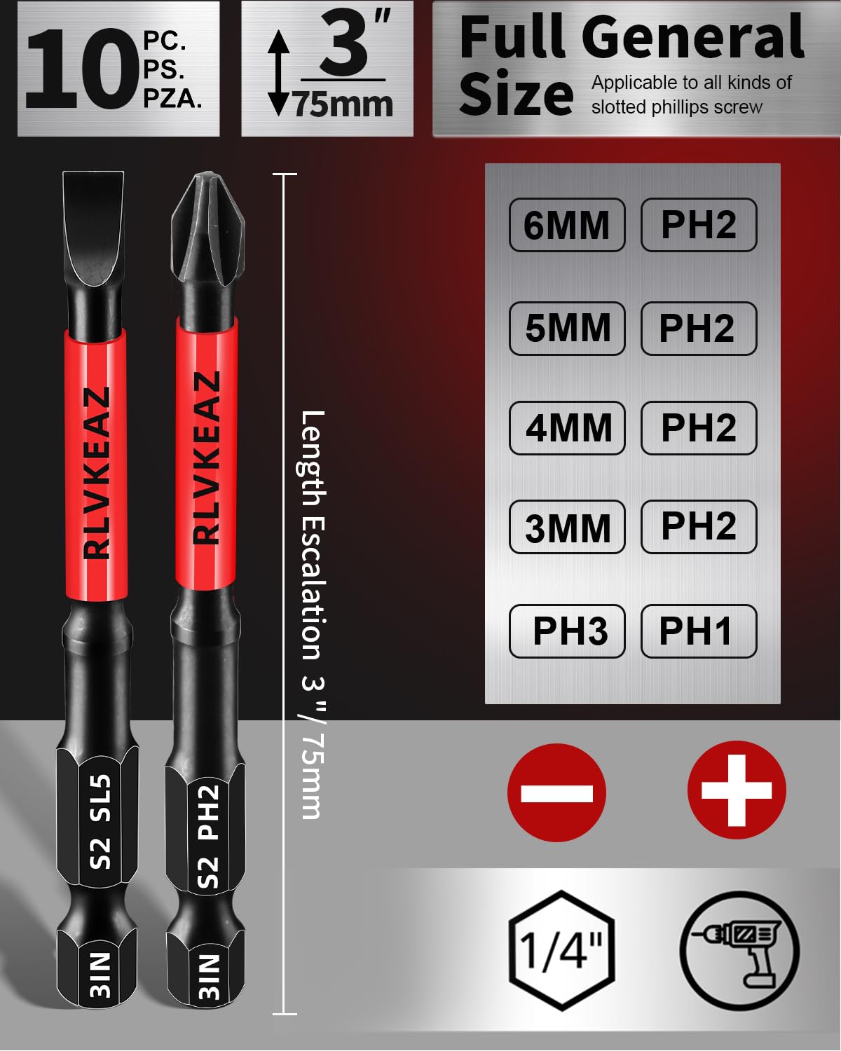10-PCS 3" Long Magnetic Screwdriver Bits Set: Phillips Bits #1/#2/#3 & Slotted Head - S2 Alloy Steel, 1/4" Hex Shank for Impact Driver, Power Drill - Pro & DIY