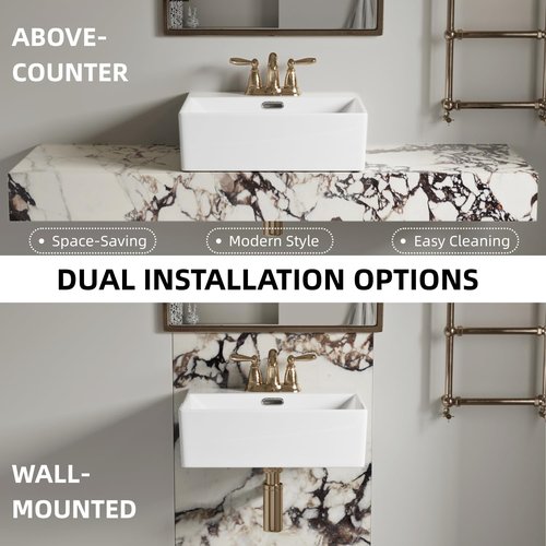 16"W x 14"D Wall Mounted Bathroom Sink With 3 Pre-drilled 4-Inch Faucet Holes, Los Flexi 16 Inch White Rectangular Ceramic Vessel Sink With Overflow, Compact Wall Hung Sinks for Small Bathrooms