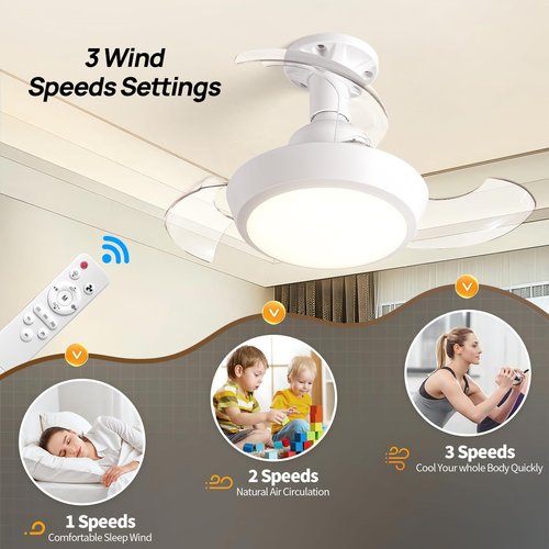 JOISTOON Socket Fan Light with Remote, Retractable Ceiling Fan Light with E27 Socket, Ultra-Quiet DC Motor, Dimmable LED for Small Spaces - Workshop, Garage, Bedroom (Flush Mount, No Visible Blades)