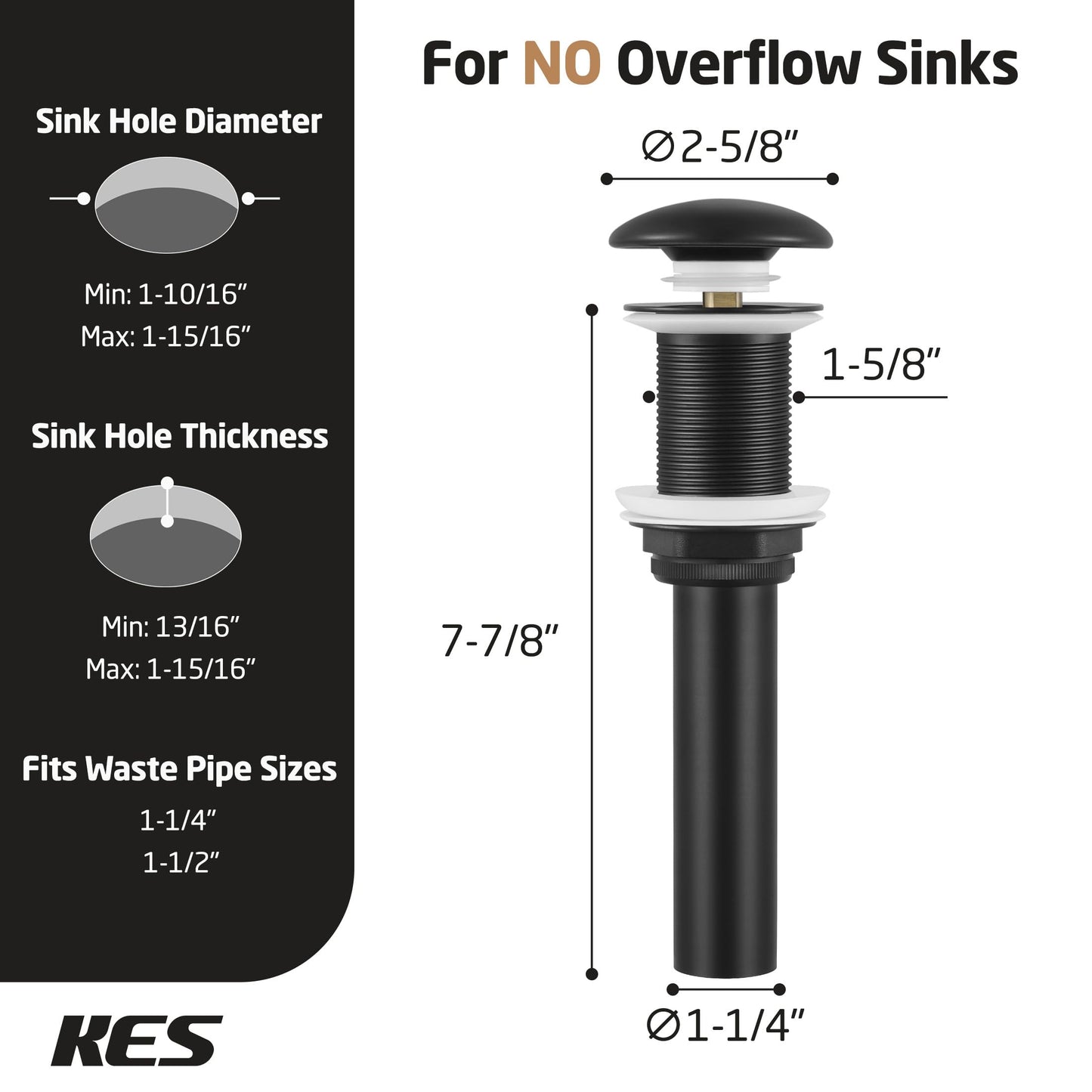 KES Solid Ceramic Cap Bathroom Sink Drain Without Overflow, Pop Up Drain for Bathroom Sink, Ceramic Bathroom Sink Stopper, All-Metal Body Matte Black, S2008D-CB