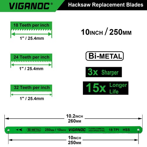 Viganoc 10" Hacksaw Replacement Blades Set, Bi-Metal High Speed Steel Hack Saw Blade Sets - 18T - 24T - 32T HSS Saw Blades, 10 Pack