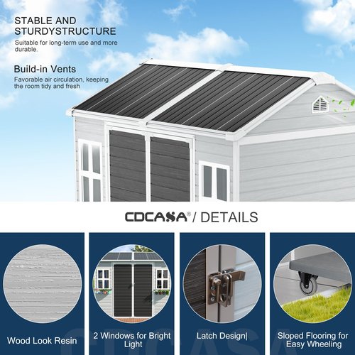 CDCASA 8x6 FT Resin Shed, Waterproof Large Outdoor Storage Sheds with Floor & Lockable Door, Plastic Tool Shed for Outside, Backyard, Patio, Poolside, Bike