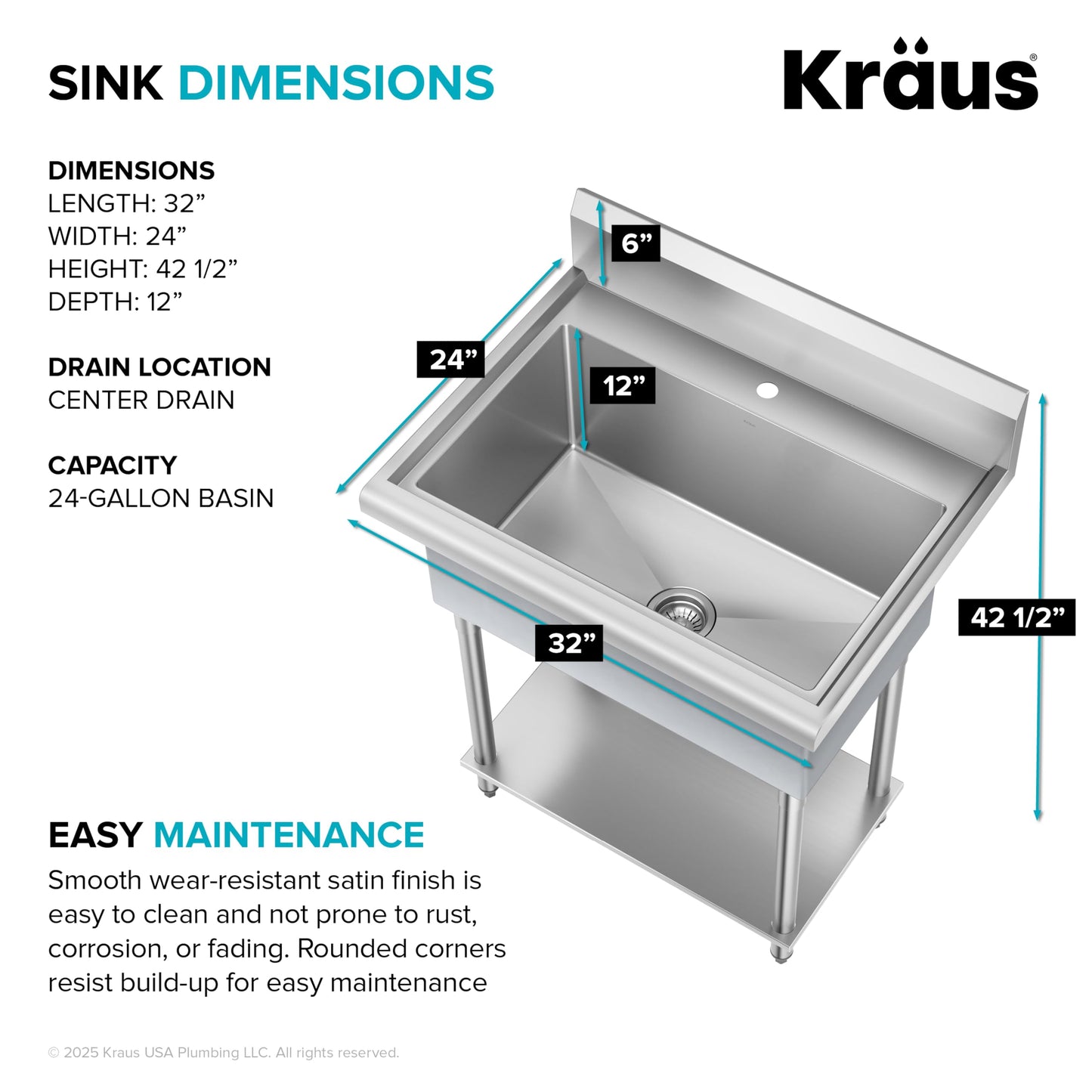 KRAUS Standart Pro 32 Inch 18-Gauge Stainless Steel Scullery Sink, 24 Gallon Freestanding Commercial Style Single Bowl Laundry & Utility Sink, KHS230-32