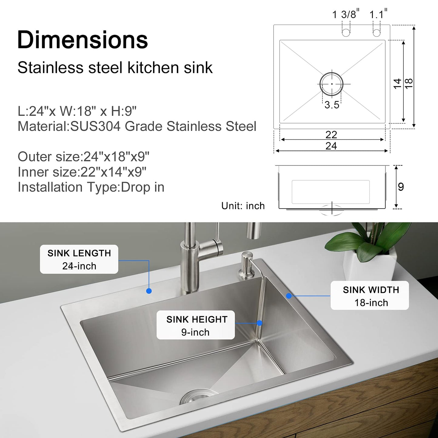 MENATT 24 Inch Drop-in Kitchen Sink, 304 Stainless Steel Topmount Handmade Residential Sink, Single Bowl Workstation Sink with Drain Kit (Brushed), 24"x18"x9"