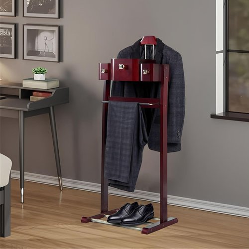 Gumatea Mens Valet Stand With Top Tray Non-Slip Trouser Bar Clothes Valet Suit Stand Freestanding Clothes Rack For Living Room Entryway Bedroom Office