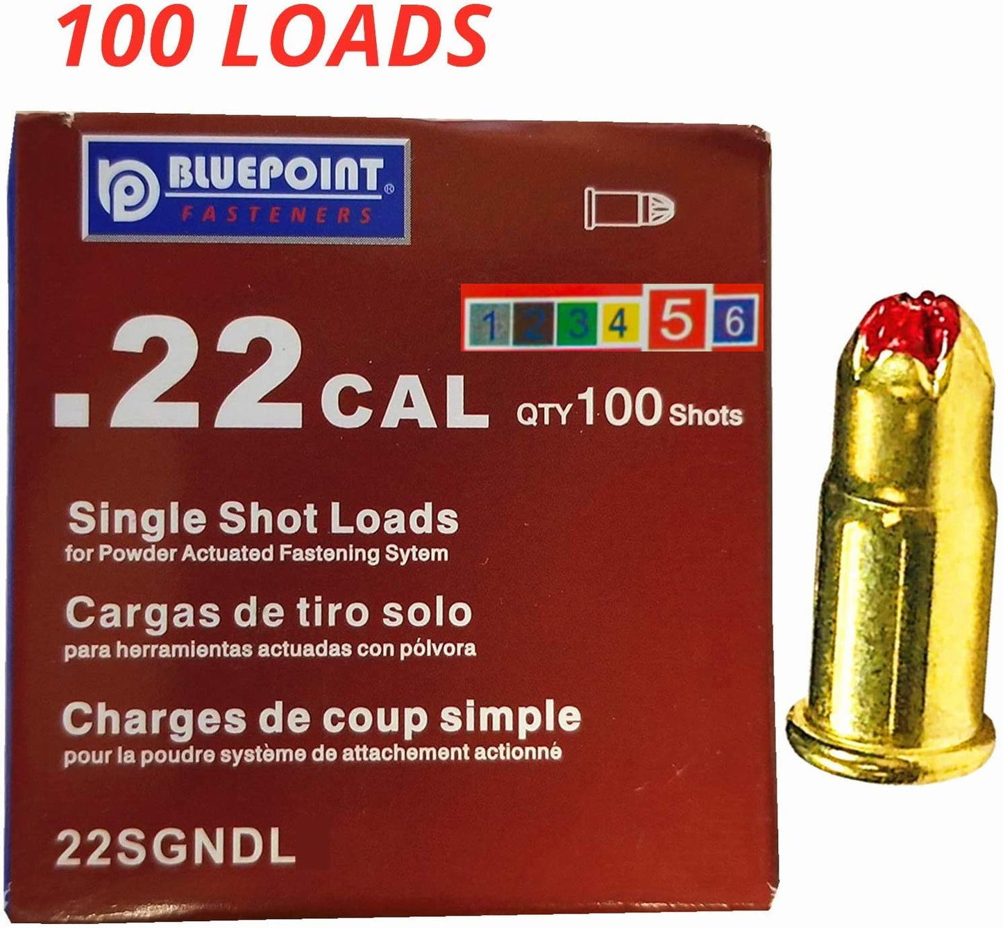 0.22 Caliber Red Single Shot Powder Loads, Cartridges/Powder Loads for Powder Actuated Tools Power Fasteners Power Loads (100-Count)