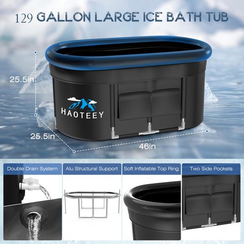 129 Gal Large Oval Ice Bath Tub with Air Ring, Cold Plunge Tub for Cold Water Therapy Exercise Recovery, Alu Support Portable Bathtub for Home, Gyms, Indoor, Outdoor