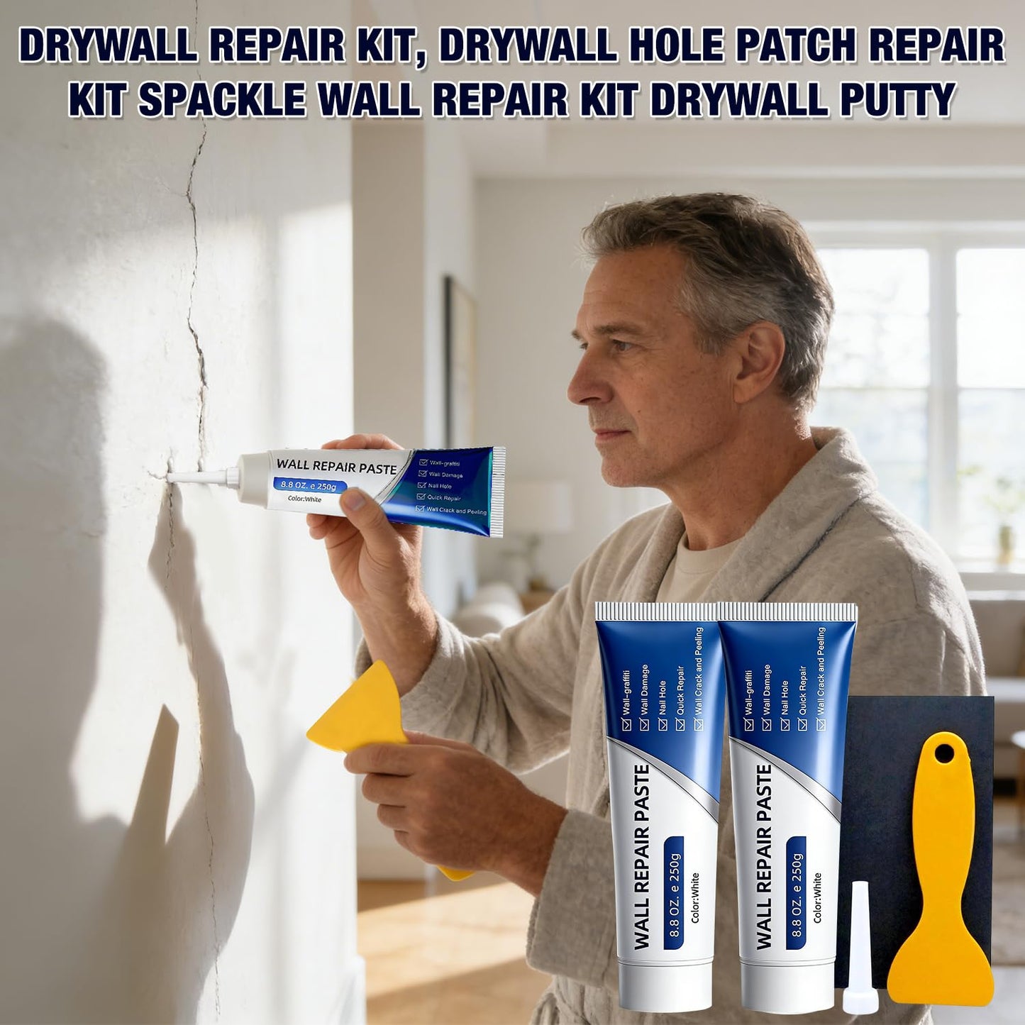 Drywall Repair Kit, 2 Pcs Spackle Wall Repair Kit, New Wall Crack Repair Paste, Wall Repair Paste Tube with Scraper/Sandpaper, Effective Repair of Scratches, Holes, Cracks and Wall Graffiti (2*250g)