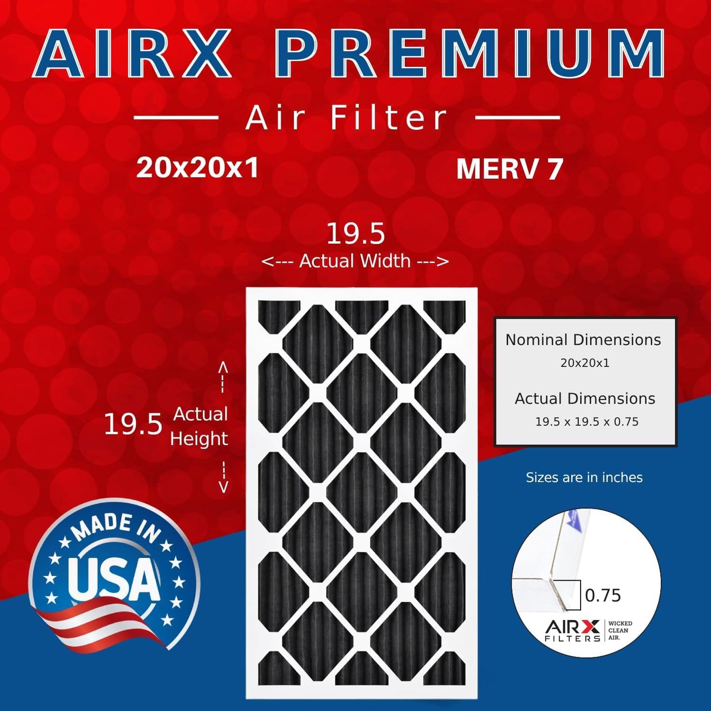 AIRX FILTERS WICKED CLEAN AIR. 20x20x1 Air Filter Odor Eliminator Carbon Filter MERV 7 AC HVAC Furnace Filters 6 Pack