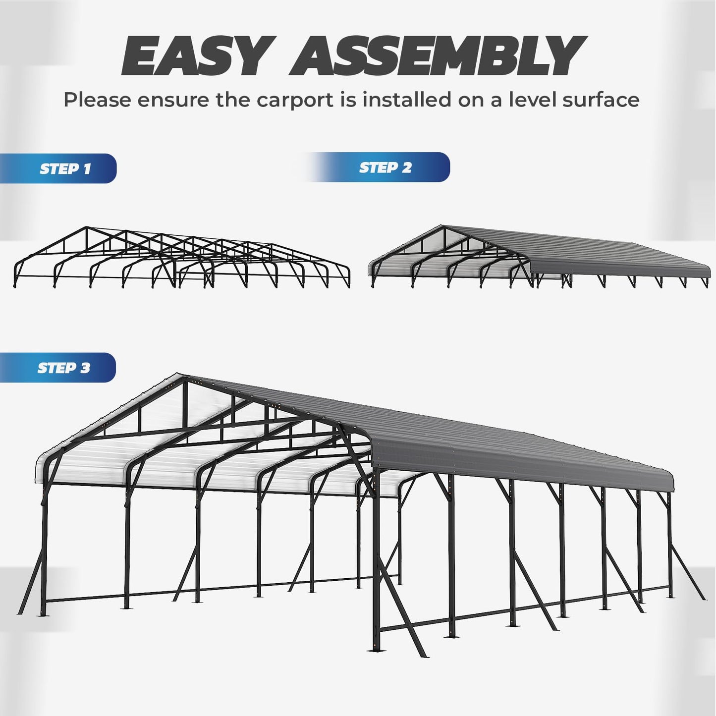 EROMMY 20x30 FT Heavy Duty Metal Carport with Reinforced Steel Braces & Galvanized Steel Roof and Frame, Sturdy Car Shed in All Weathers, Easy Assembly Car-Shelter for 2 Cars, SUV, Tractors and Boat