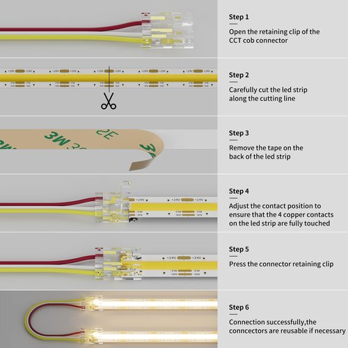PAUTIX 10mm Connectors for CCT COB LED Strip Light 3 Pin Solderless Terminal Extension Connection Kit,4pcs Dual End Extension Connectors,2pcs Strip to DC Plug Extension Wire,4pcs Gapless Connectors