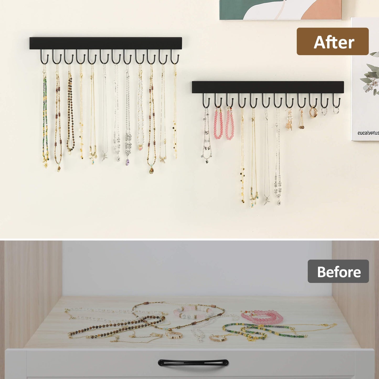 ZEDODIER 2 Pack Necklace Organizer Wall Mount, Wooden Jewelry Hanger Necklace Holder with 24 Hooks,Hanging Jewelry Organizer, Black