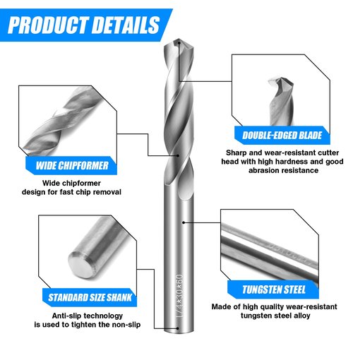 Drill Bit Set 6 Pcs Solid Carbide Drill Bits, 1/2" 3/8" 1/4" 1/8" 3/16" 1/16" Tungsten Carbide Drill Bits, Metal Drill Bit Set for Aluminum Alloy Copper Steel Hardened Steel Cast Iron