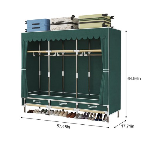 LEAIJIAFY Portable Wardrobe Closet, Durable Closet with Cover for The Armoires Organization, Metal Frame with Green Non-Woven Fabric,Portable Closet with Cover; 3 Drawers