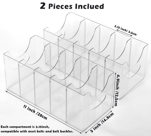 Rusnugic Belt Organizer - 2 Pack Clear Stackable Belt holder For Closet Drawer Storage - 5 Compartments with Removable Dividers, Multi-Purpose Display Bins With Inserts For Ties,Socks,underwear (2)