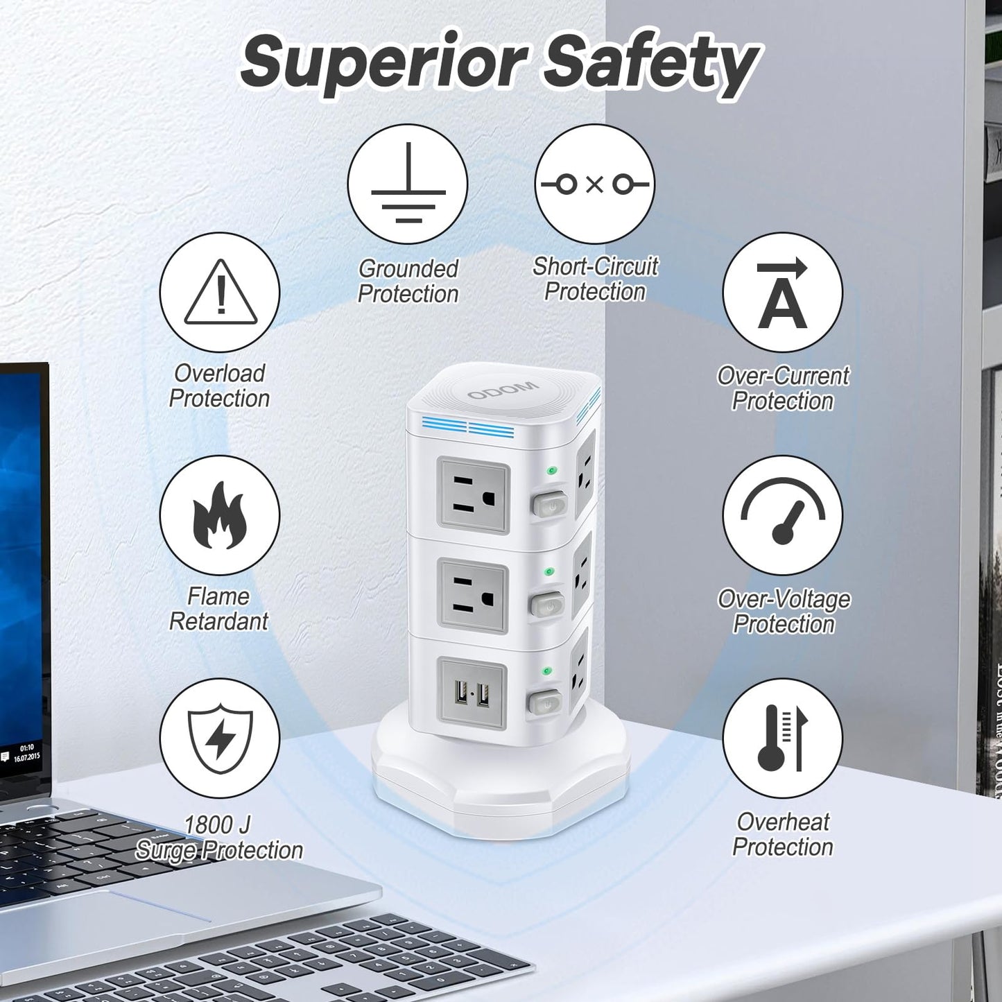Power Strips Surge Protector 1800J, ODOM Power Strip Tower with 15W Wireless Charger, 13A,4 USB Ports + 10 AC Outlets + 6 Ft Retractable Extension Cord,Plug Outlet Charging Tower for Home Office