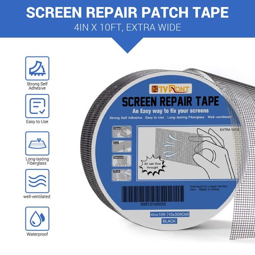 HTVRONT Window Screen Repair Kit Tape: 4inx10FT Screen Patch Repair Kit, Well Ventilated, Strong Adhesive Fiberglass Covering Mesh Tape for Window Door Tears Holes (Black)