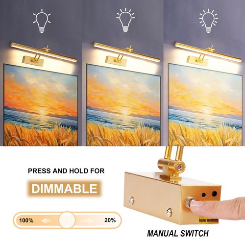 Yuichoy 2 Pack 24 inch Picture Light Battery Operated for Wall, Wireless Display Art Lighting for Painting with Remote, Dimmable 6400mAh Picture Frame Lights for Gallery, Brass