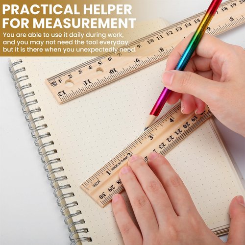 AmazingSpark 60 Pack Wooden Ruler 12 Inch (30cm) Bulk Wood Measuring Ruler Straight Metal Edge with 4 Holes for School Office Drafting Classroom Supplies, 2 Scale