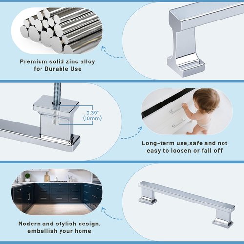 KNOBWELL 10 Pack Polished Chrome Solid Cabinet Pulls 5 Inch(128mm) Hole Center Kitchen Cabinet Handles,Cabinet Hardware for Cupboard Drawer Pulls