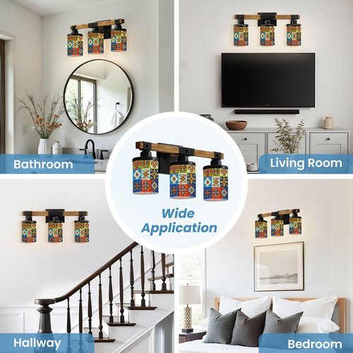 3-Light Bathroom Light Fixtures Mexican Talavera Ceramic Tile Seamless Ethnic Folk Ornament Italian Bathroom Vanity Light with Glass Shade Wood Wall Sconces Wall Lamp for Mirror Bedroom Living Room