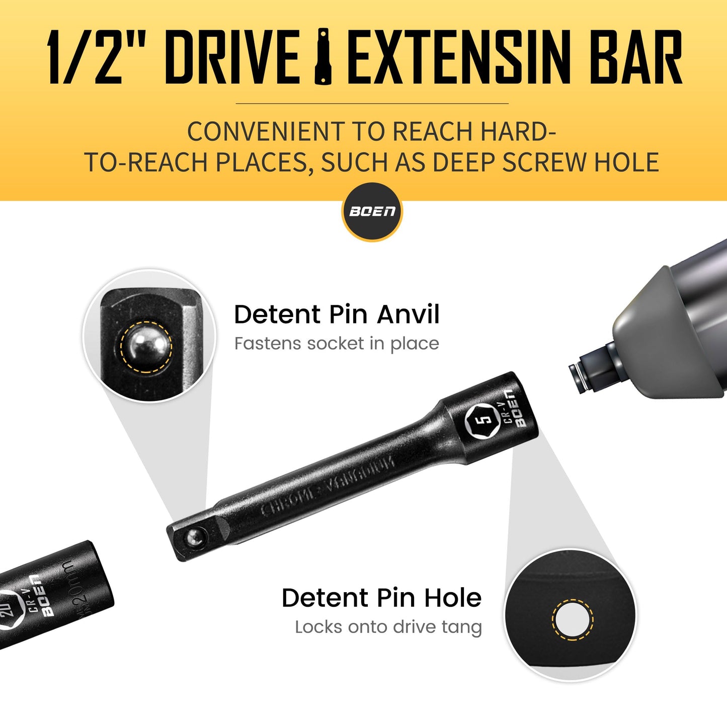 BOEN 35-Piece 1/2" Drive Deep Impact Socket Set - SAE 3/8"-1-1/4" & Metric 8-24mm, Extensions, Joint & Adapter, Cr-V Steel, Double Lock Case