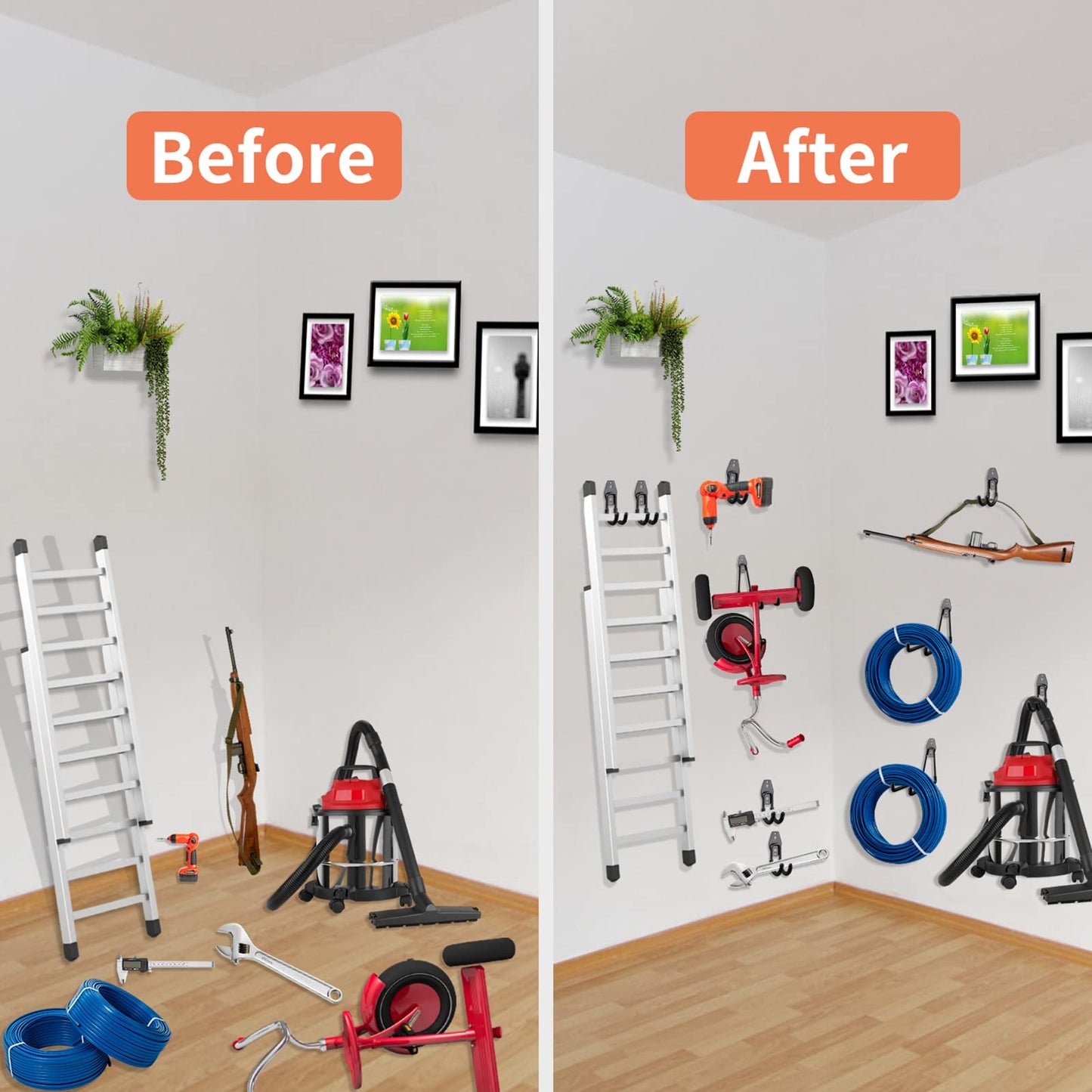 HUPBIPY Garage Hooks Heavy Duty Utility Steel with Anti-Slip Coating Wall Mount Storage Organizer for Hanging Power and Garden Tools, Ladders, Hose, Bikes, Ropes, Bulk Items, and More