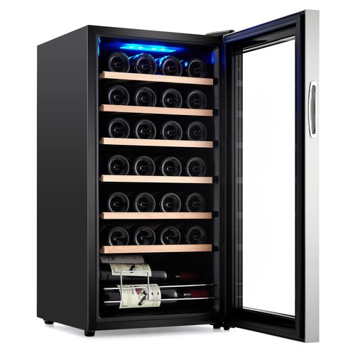 Takywep 28 Bottle Compressor Wine Cooler Refrigerator,Large Freestanding Wine Cellar, Glass Door Bar Fridge Quiet Compressor,41f-64f Digital Temperature Control Fridge Glass Door Black