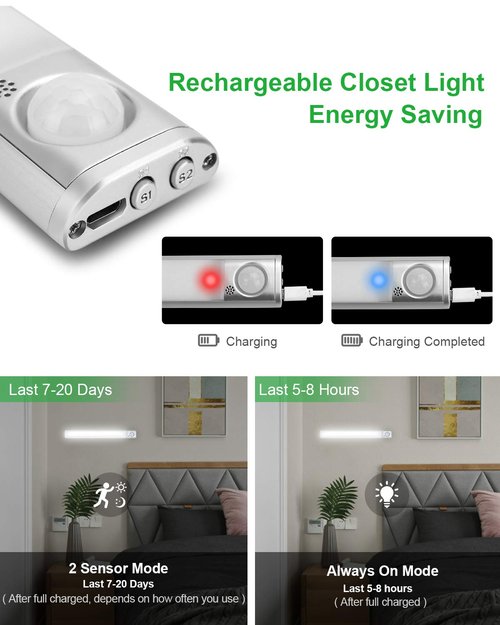 goodland Under Cabinet Lighting 80 LED Closet Light, Motion Sensor Lights Indoor USB Rechargeable Dimmable Stick-on Night Light Bar for Kitchen, Wardrobe, Garage, Stairs, Bedroom (3 Packs)