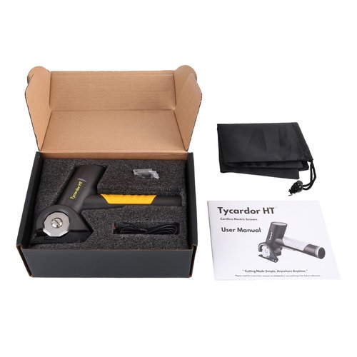 tycardor HT® 4V Cordless Electric Scissors, High Speed Cardboard Cutter with 2 Blades and Storage Bag, Rechargeable Box Cutter, Heavy Duty Rotary Cutter for Fabric Carpet Leather Plastic Cloth Cutting