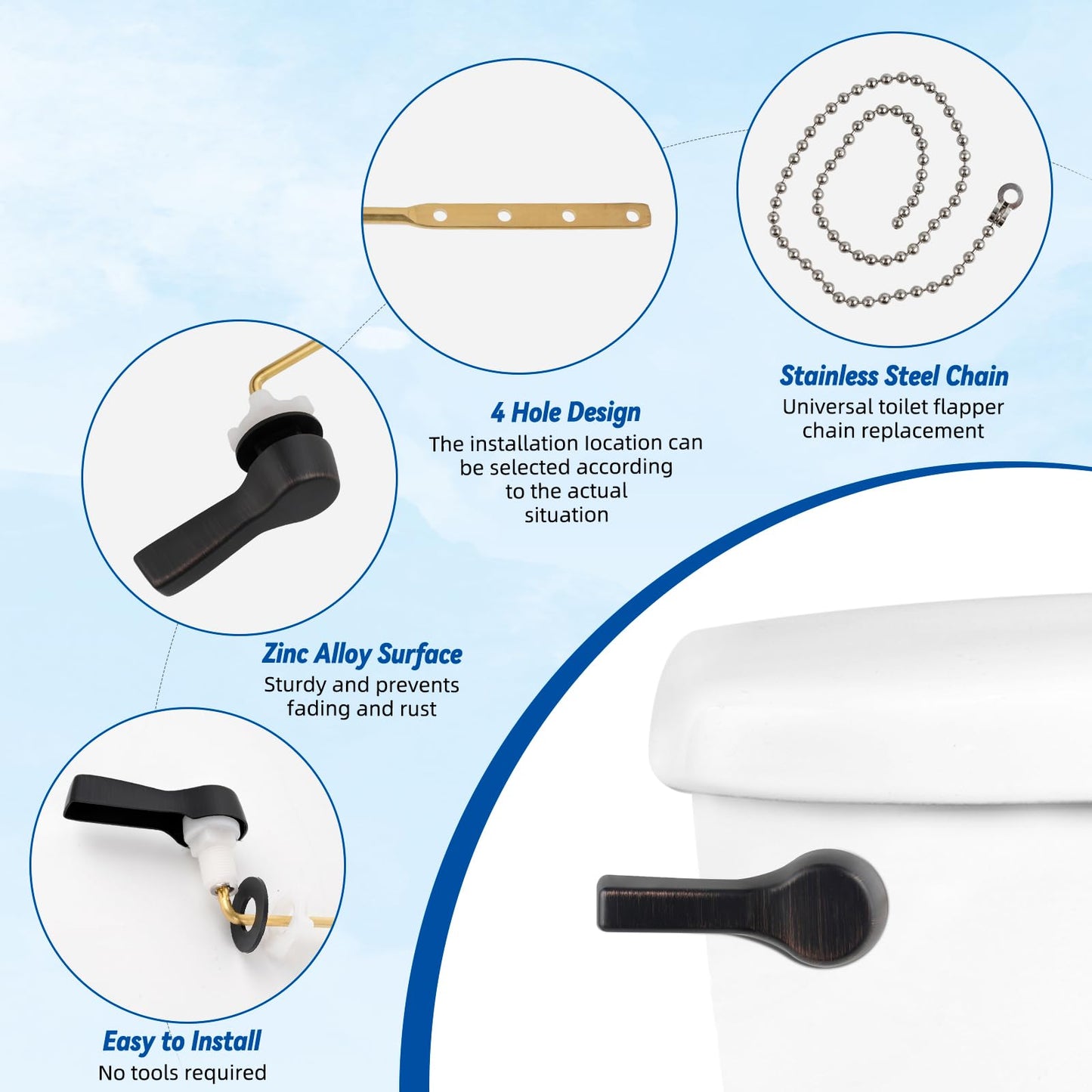 Hibbent Universal Front Mount Metal Toilet Handle Replacement Kit, Brass Toilet Tank Flush Lever with Stainless Steel Adjustable Flapper Chains for Most Toilets, Oil-Rubbed Bronze