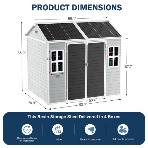 CDCASA 8x6 FT Resin Shed, Waterproof Large Outdoor Storage Sheds with Floor & Lockable Door, Plastic Tool Shed for Outside, Backyard, Patio, Poolside, Bike