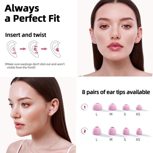 Ear Plugs for Sleeping 45dB Noise Cancelling System Ear Plugs for Concerts, Focus Travel, Work Silicone Hearing Protection Earplugs with 8 Tips (XS-L) Reusable Powerful Noise Reduction Ear Plug Pink
