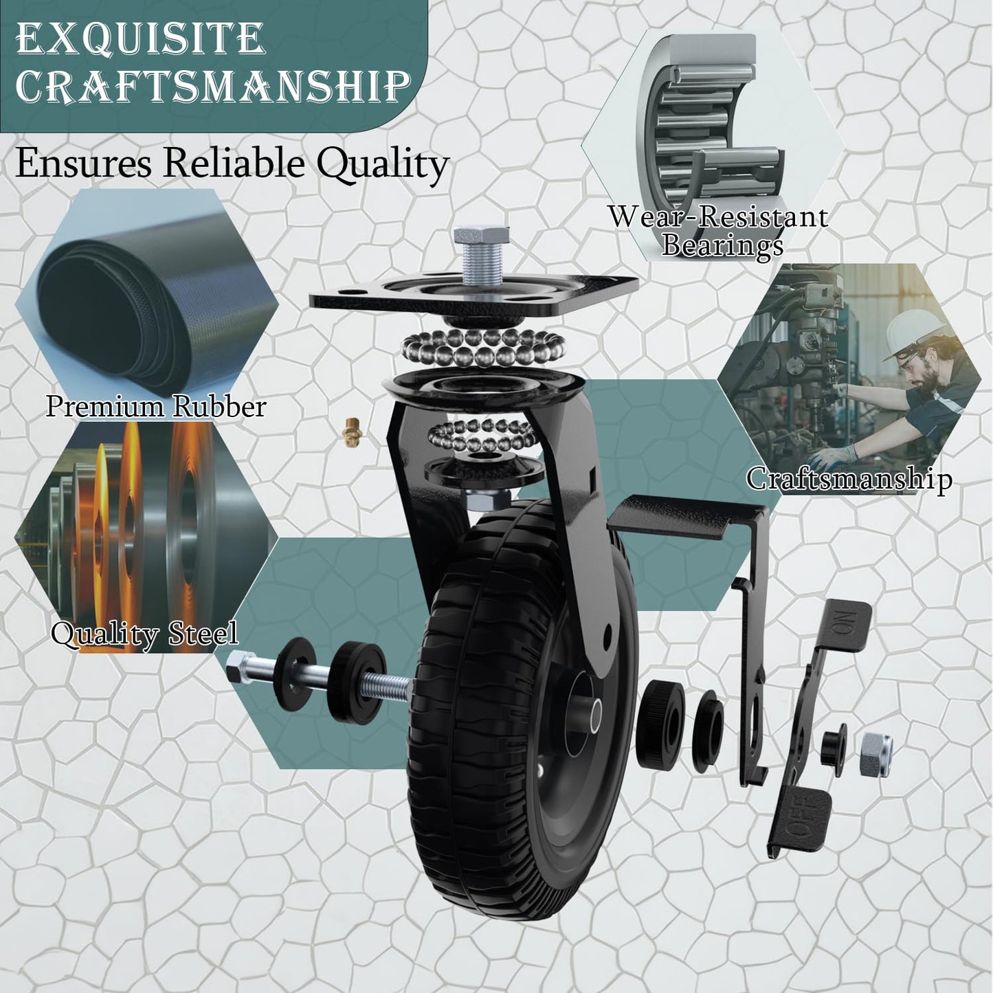 Lygoeege Swivel Heavy Duty Caster Wheel, 8 Inch*2, 1000lb Capacity, Black Rim, Solid Rubber, Cast Iron,Brake Casters,Outdoor, Flat Free for Carts, Dolly, Workbench,Trolley,DIY Tools