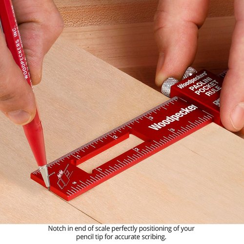 Woodpeckers Paolini Pocket Rule, Aluminum, 6 Inch, Woodworking Ruler with Sliding Stop, Vertical End Scale, Scribing Notch, Engraved Scales