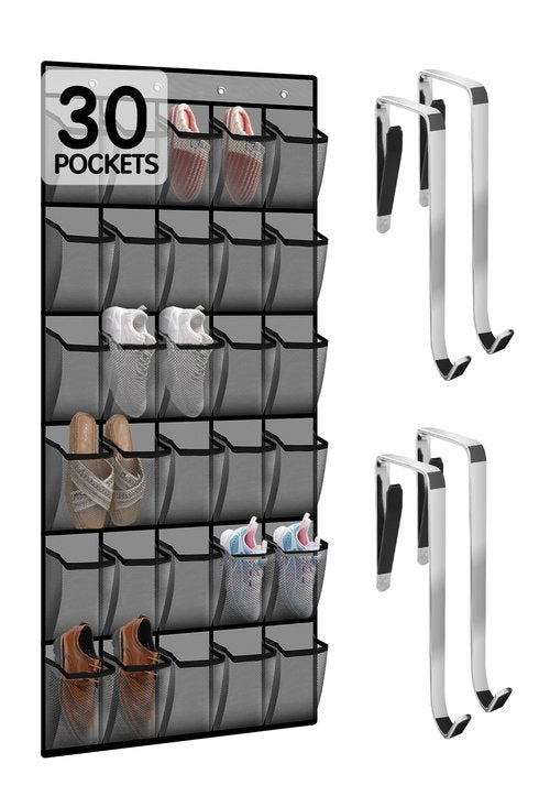 Kotkn Over the Door Shoe Organizer with 30 Breathable Mesh Pockets - Large Capacity Closet Storage for Men & Women, Hanging Shoe Rack Organizer -Gray