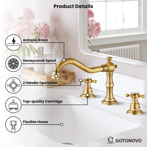 gotonovo Bathroom Faucet 3 Hole 8 Inch Widespread Bathroom Sink Faucet 2 Cross Handles Vintage Lavatory Vanity Mixer Tap with Pop Up Drain, HOT Cold Label, Antique Brass