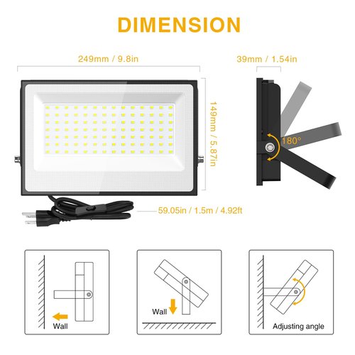 Onforu 100W Flood Lights Outdoor, 9000lm Bright LED Work Light with Plug, 6500K Daylight White LED Flood Lighting, IP66 Waterproof Security Yard Lights for Yard Garage Stadium 2 Pack