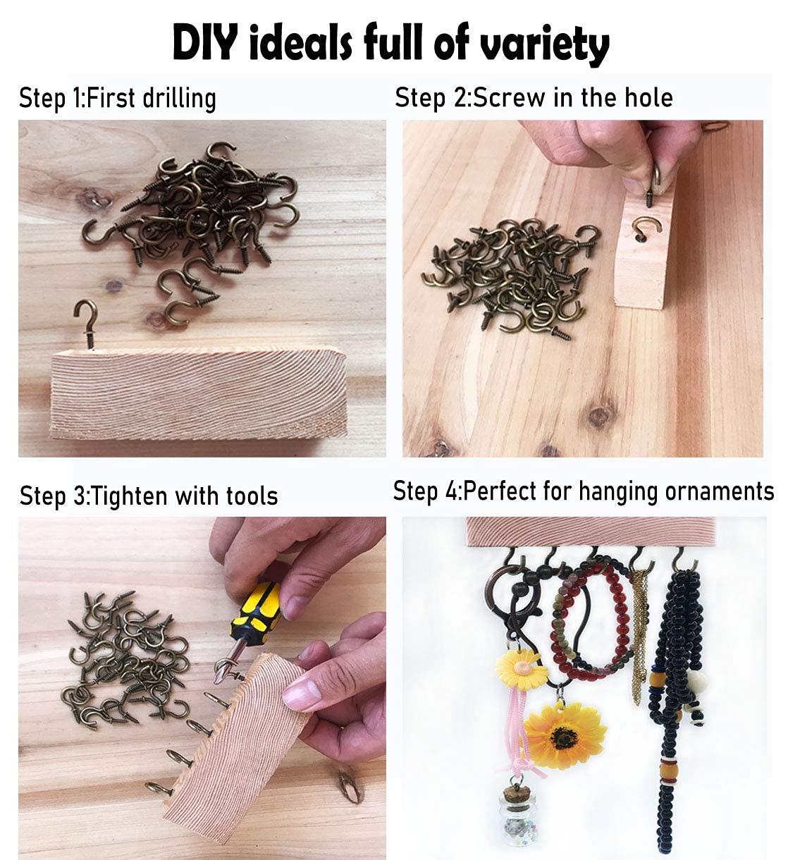 IDEALSV 160 Pcs Small Screw Hooks, 5/8 Inch Metal Twist in Hook, Christmas Lights Patio Hanging Jewelry Hooks 5 Colors (Gold,Bronze,Black,Antique Copper,Silver)