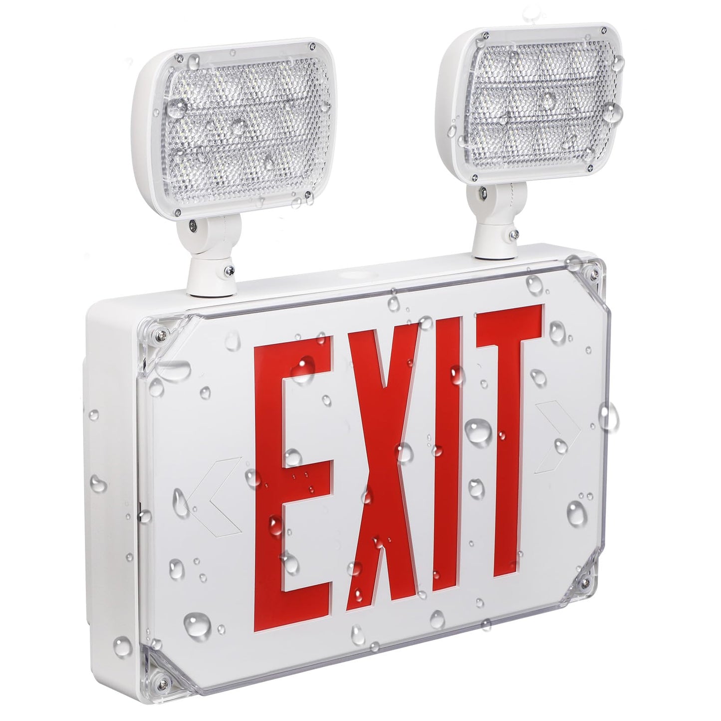 LEONLITE LED Exit Light, Wet Location Exit Sign with Emergency Lights, UL Listed, Outdoor Hardwired Exit with Battery Backup, 2 Dual Heads, Double Face, AC 120/277V, Red